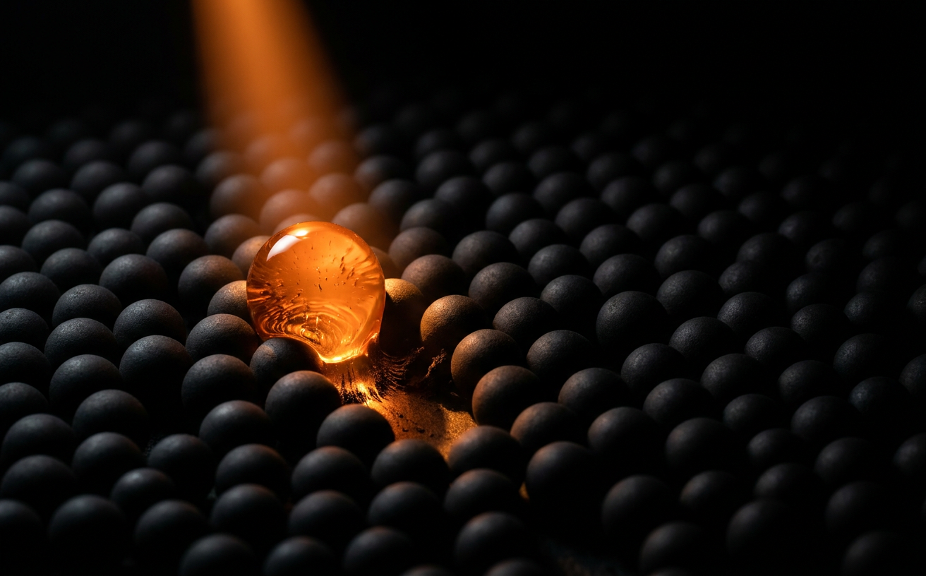 Gota naranja brillante dividiendo una masa de esferas negras, simbolizando la diferenciación y polarización en el mercado.