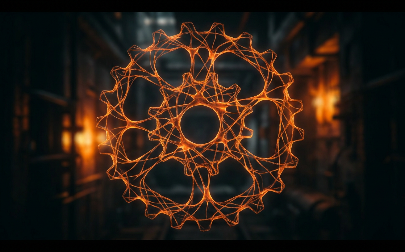 Visualización abstracta de engranajes neuronales interconectados con iluminación naranja sobre fondo oscuro